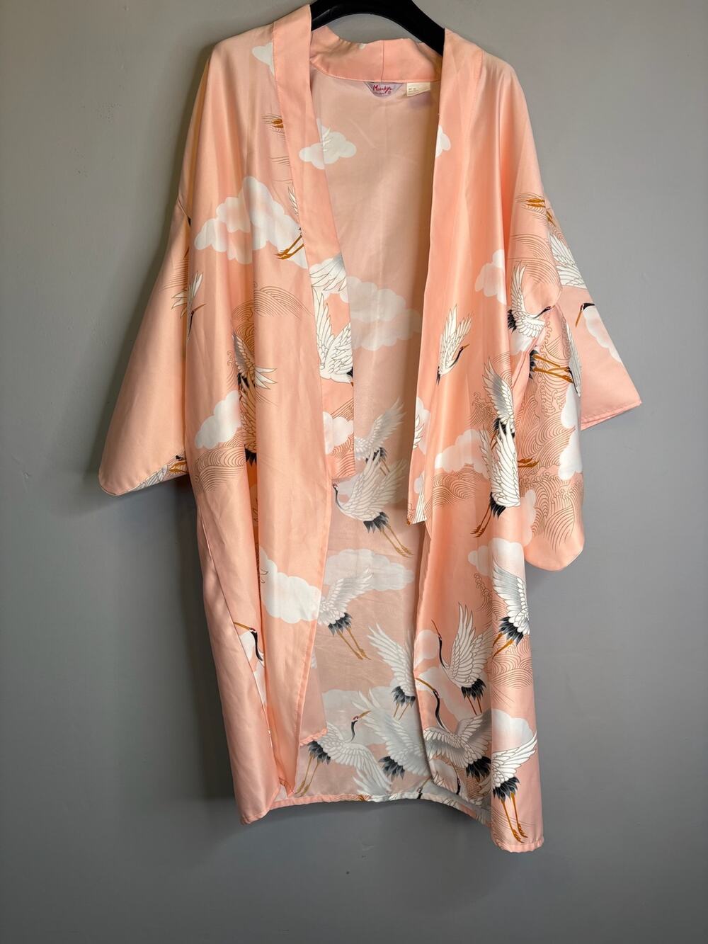 Vintage Marukyo Japanese Crane Pink Satin Kimono Robe Belted Lounge Medium M